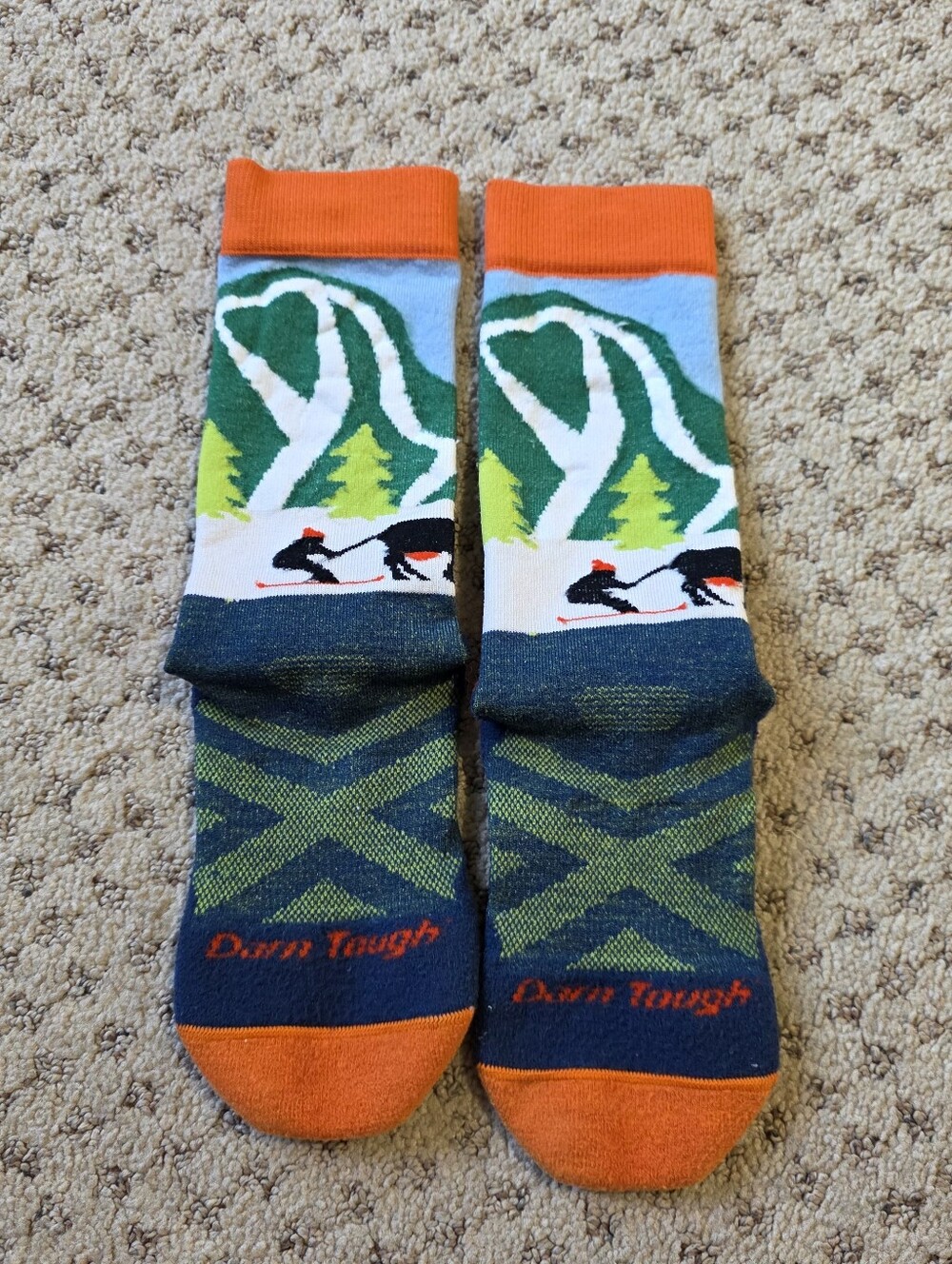Darn Tough Unisex Ski Pattern Washed Crew Socks - Orange, Green, Blue
